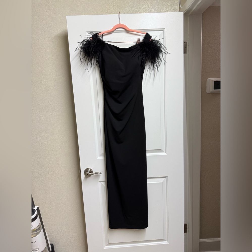 Xscape Black Strapless Dress with Feather Detail